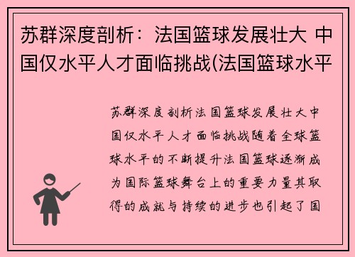 苏群深度剖析：法国篮球发展壮大 中国仅水平人才面临挑战(法国篮球水平怎么样)