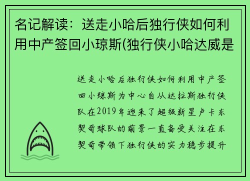 名记解读：送走小哈后独行侠如何利用中产签回小琼斯(独行侠小哈达威是谁)