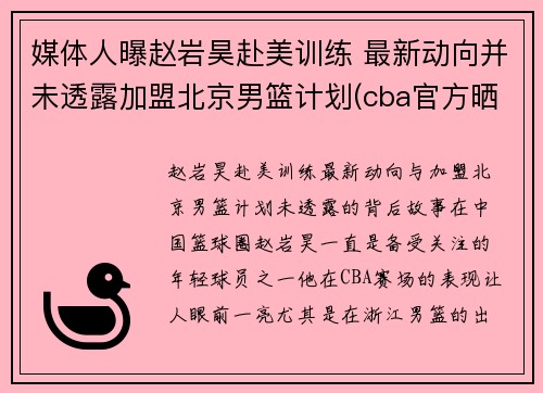 媒体人曝赵岩昊赴美训练 最新动向并未透露加盟北京男篮计划(cba官方晒赵岩昊数据对)