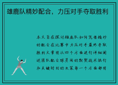 雄鹿队精妙配合，力压对手夺取胜利